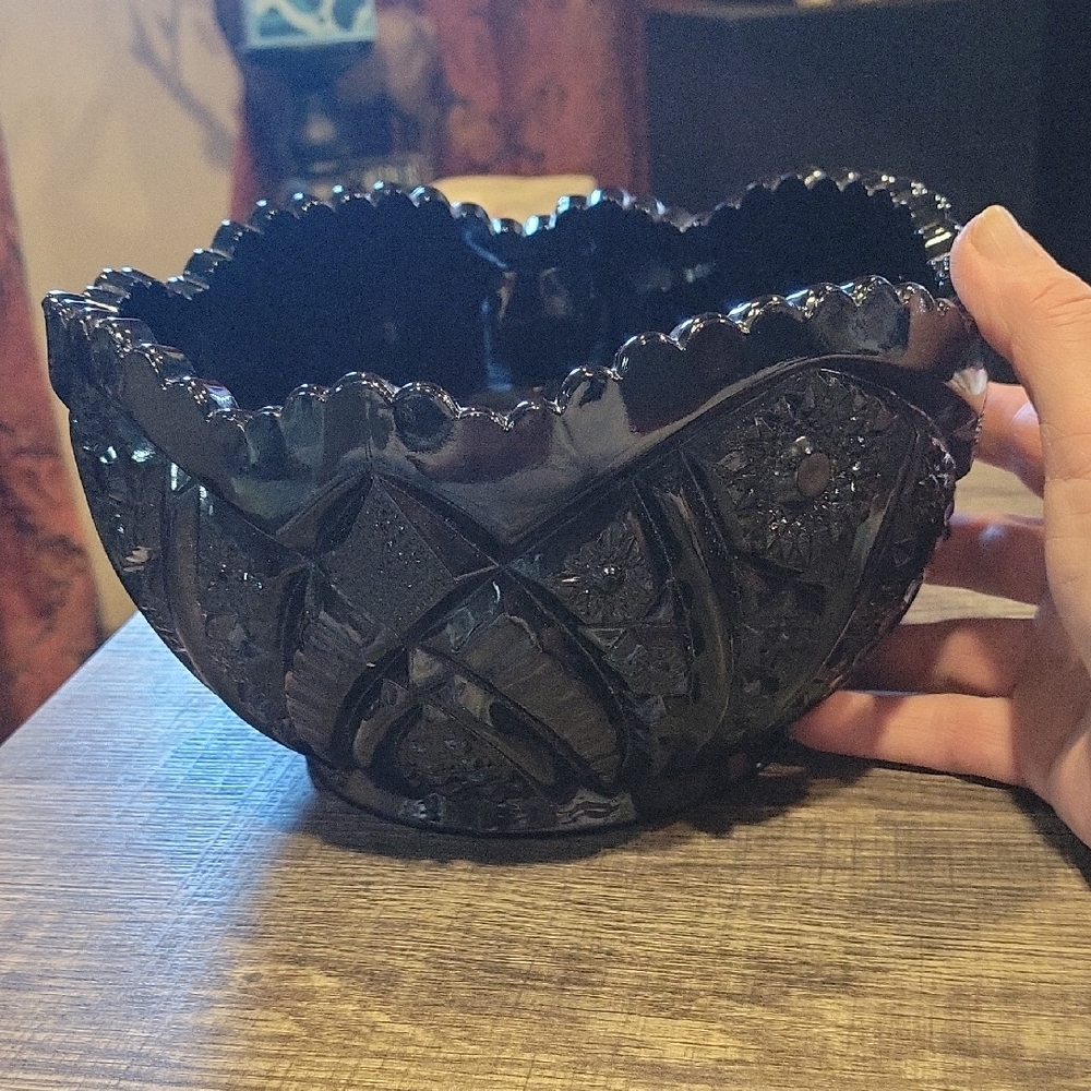 Tiara Exclusive Black Milk Glass "Monarch"Pattern Serving Bowl
